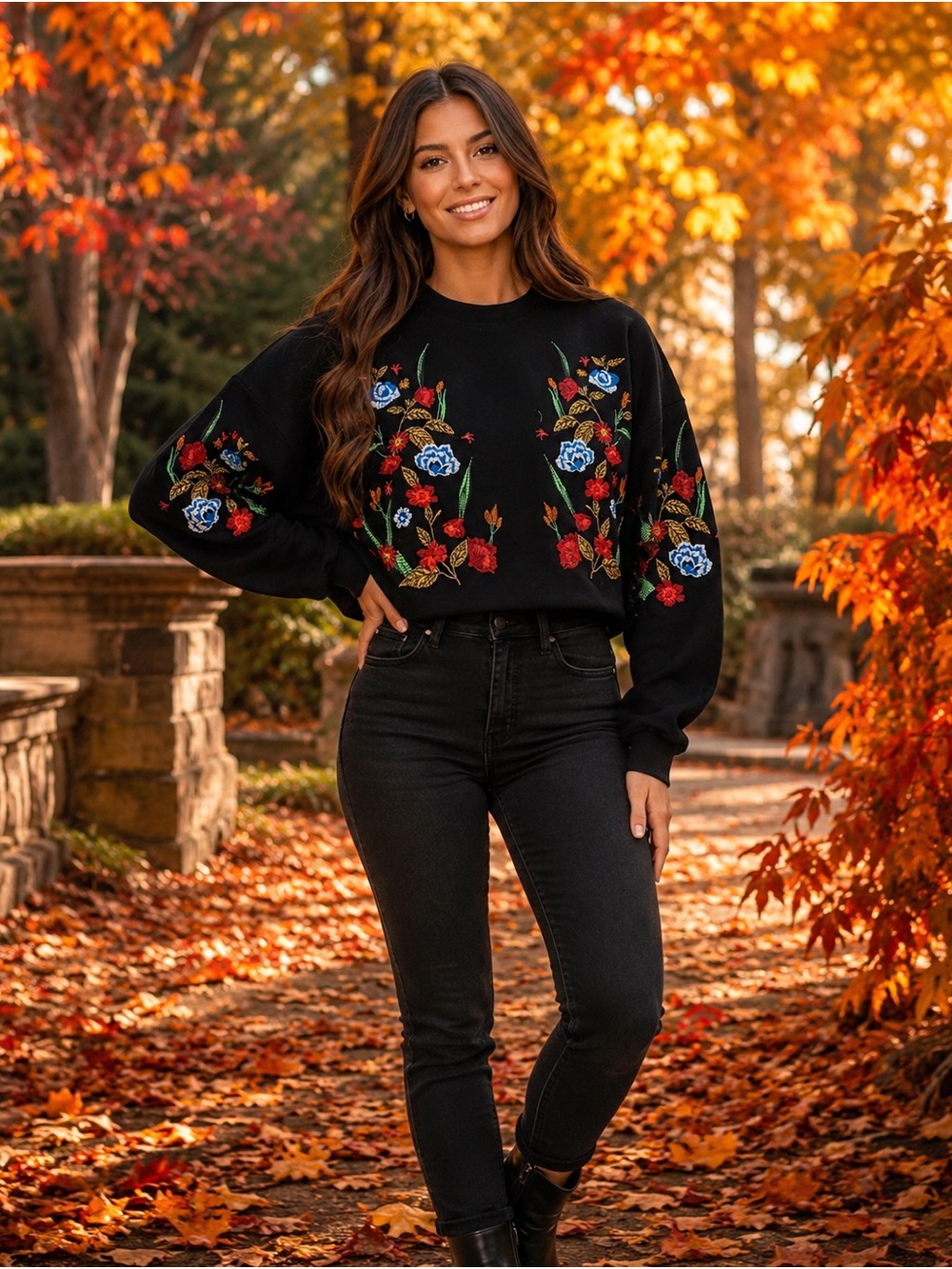 Zara Floral Embroidered Oversized Sweatshirt Size Small NWOT Black